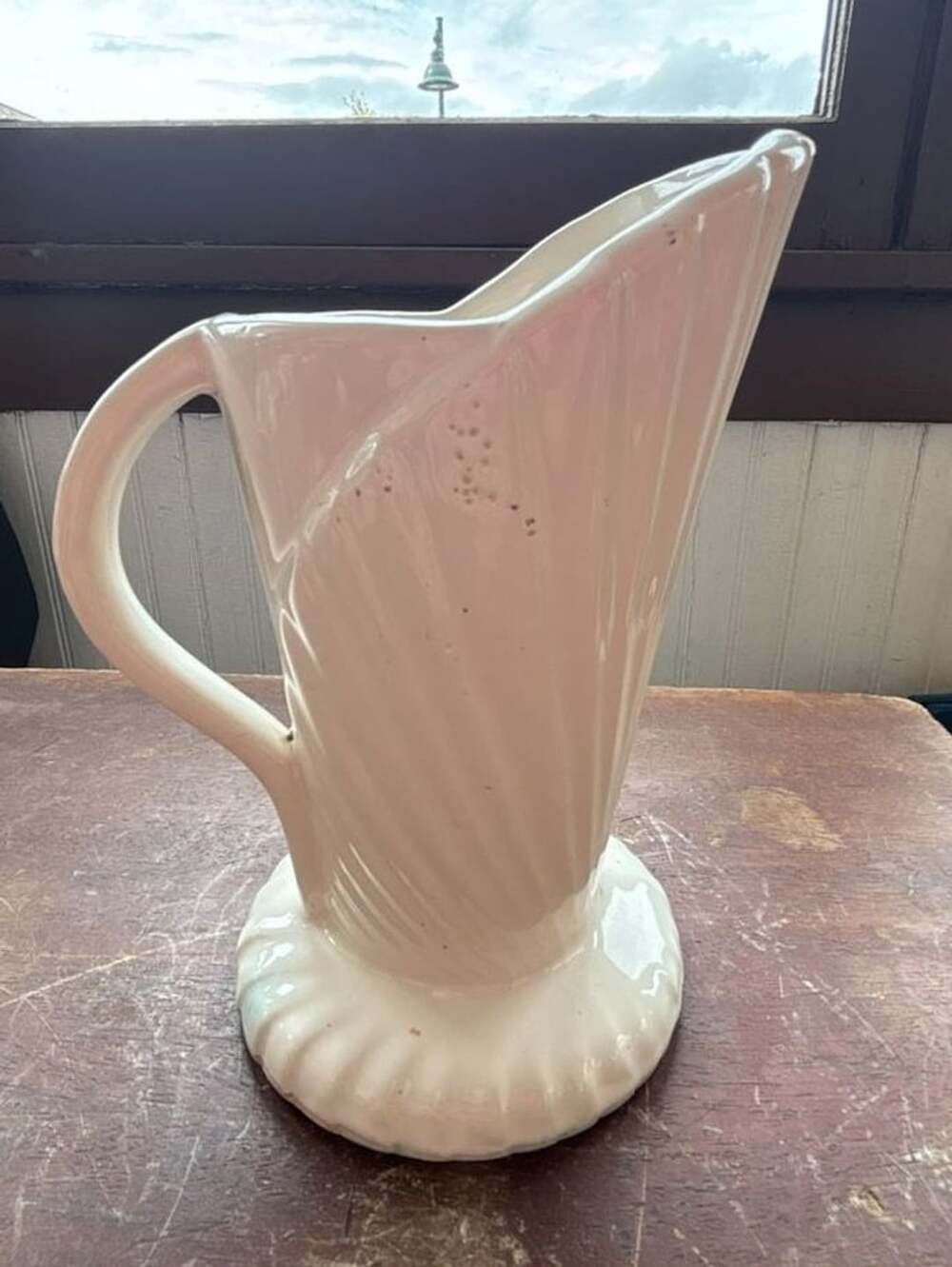 Vintage Art Deco White Ceramic Shell Fan Pitcher Vase
